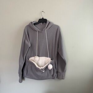 Gray Hooded Sweater with Pom Poms